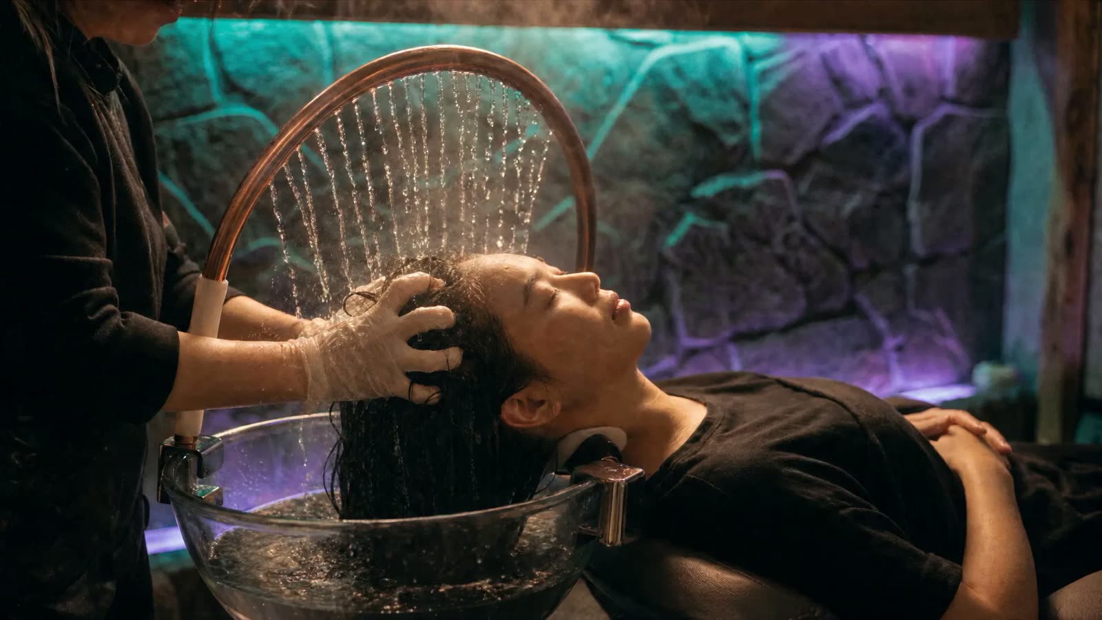 A woman reclined with her head in a glass basin as a slim brass halo arc rinses her scalp with dozens of fine jets of warm water through drifting steam