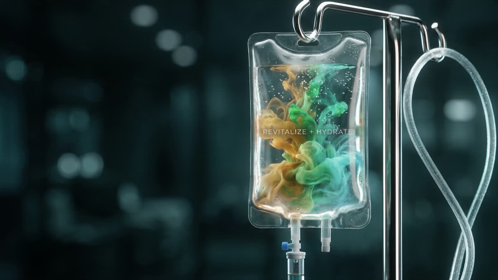 A clear IV bag on a chrome stand, golden and emerald vitamin blends blooming through the saline