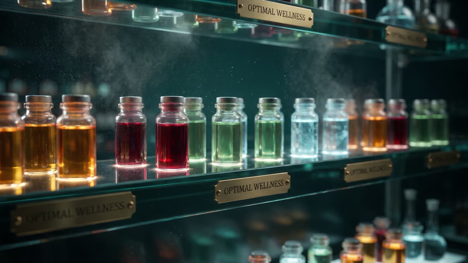 Backlit glass shelves of amber, crimson, jade and ice-blue vials with brass plaques engraved Optimal Wellness