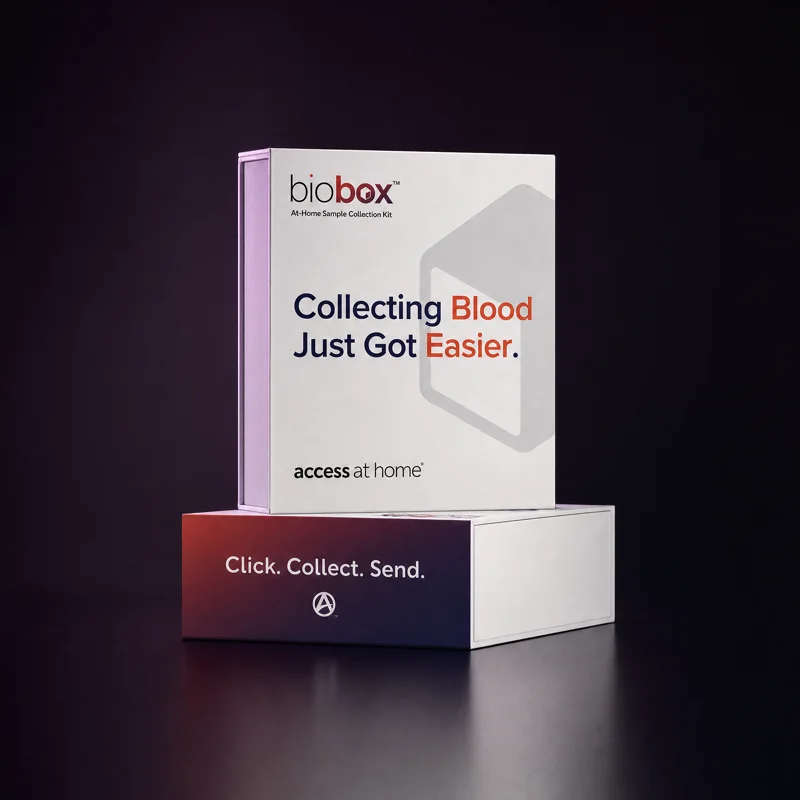 The BioBox at-home blood collection kit in its printed carton