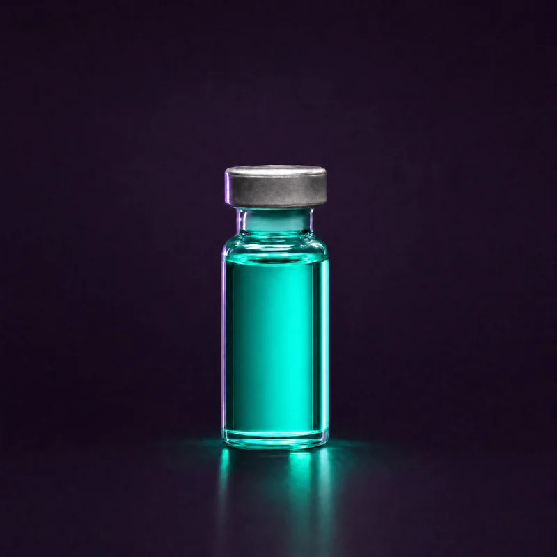 A clear glass injection vial of aqua-toned liquid on a dark plum surface