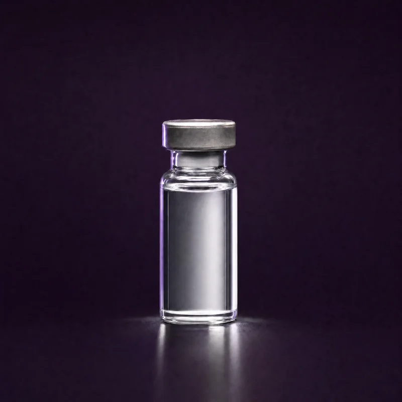 A clear glass injection vial of clear-toned liquid on a dark plum surface