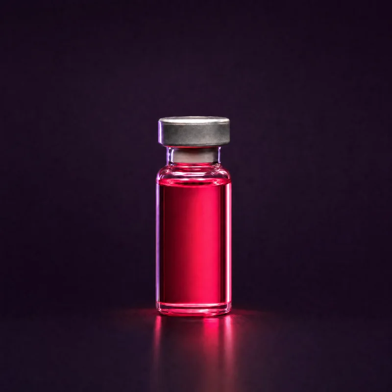 A clear glass injection vial of rose-toned liquid on a dark plum surface