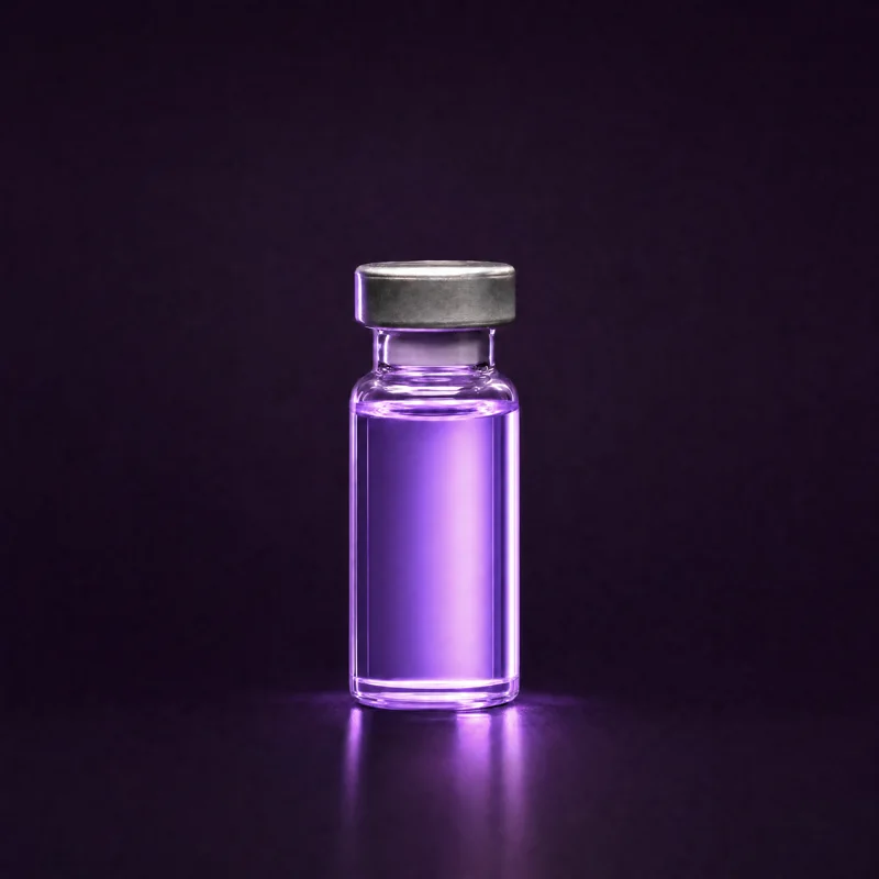 A clear glass injection vial of violet-toned liquid on a dark plum surface