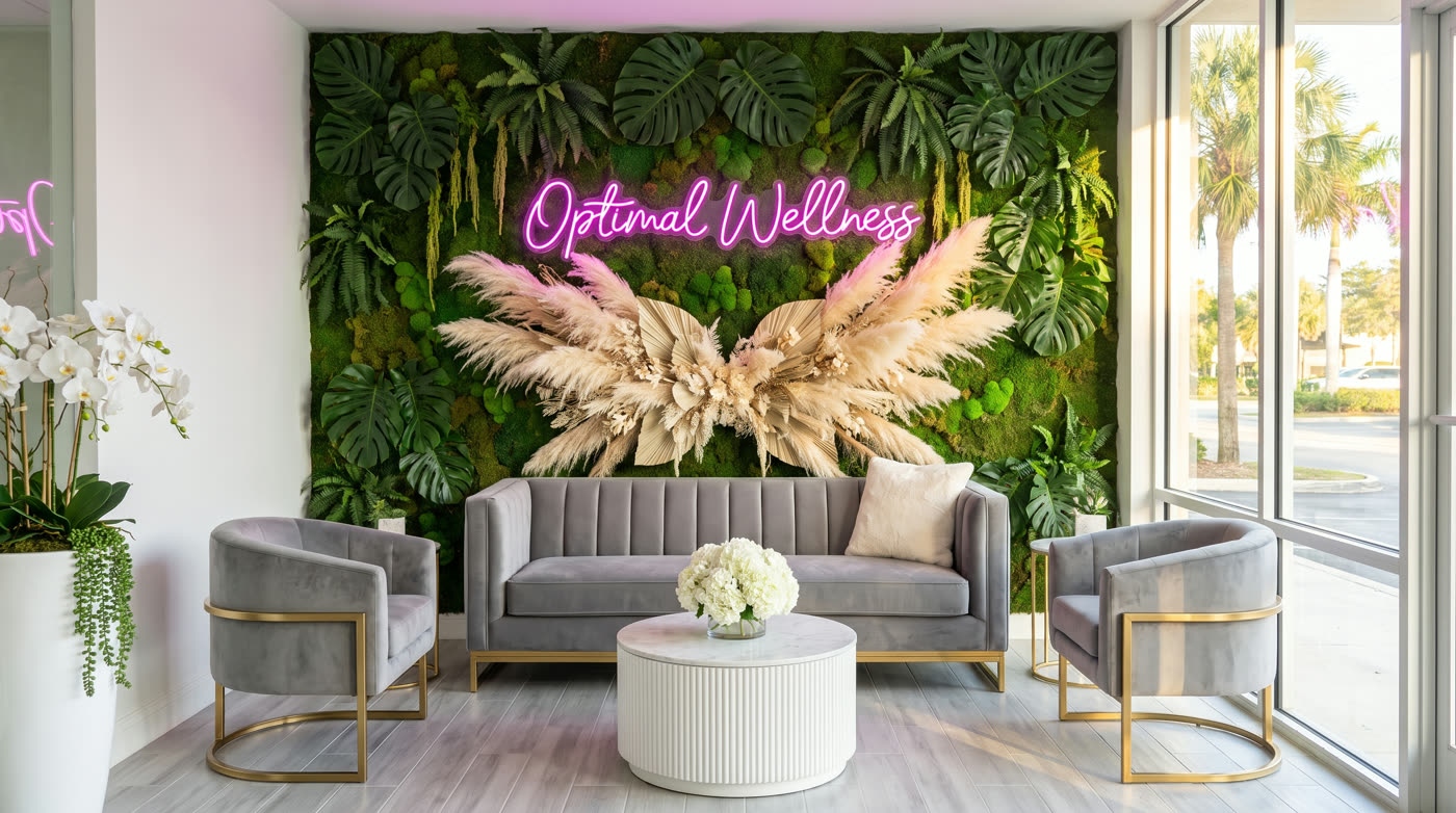The Optimal Wellness reception lounge — a living green wall with a pink neon Optimal Wellness sign, pampas grass installation, grey velvet seating and floor-to-ceiling windows